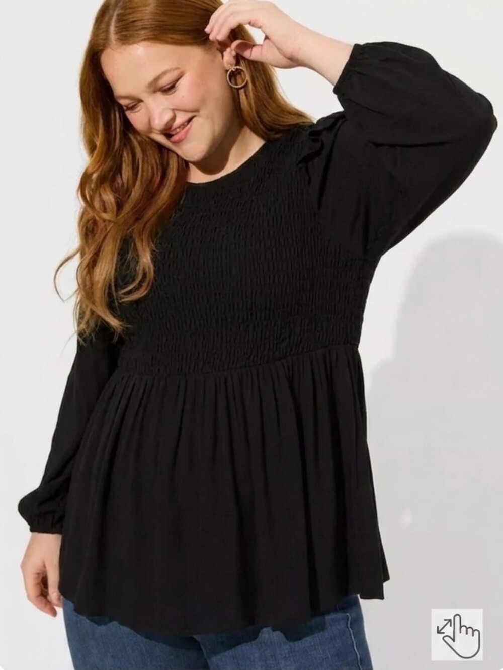 torrid Deep Black Crinkle Peplum Smocked Top - Picture 2 of 3